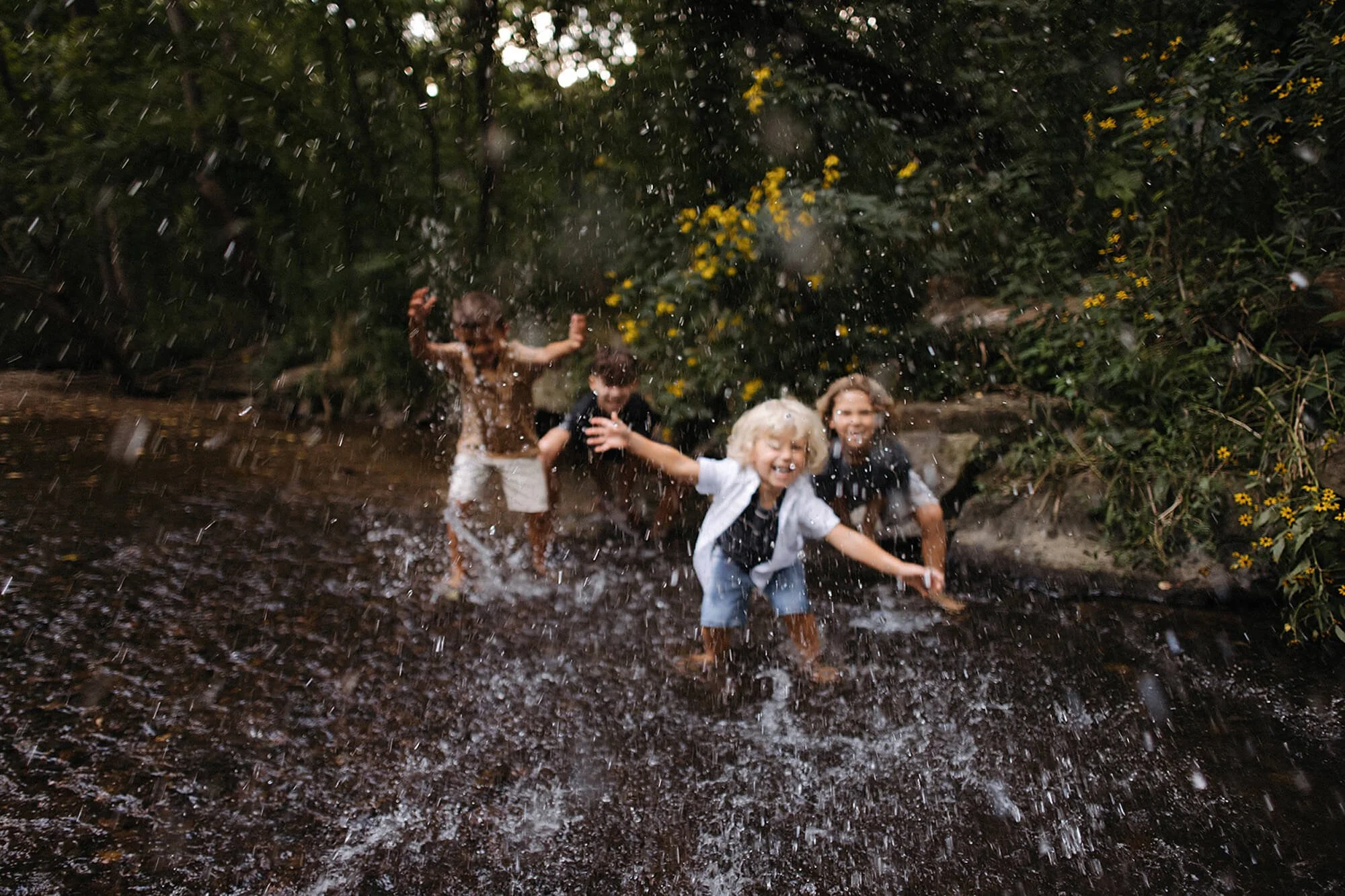 Kids having fun in a stream at Flowing Well Park, enjoying the water on a sunny day in Carmel, Indiana