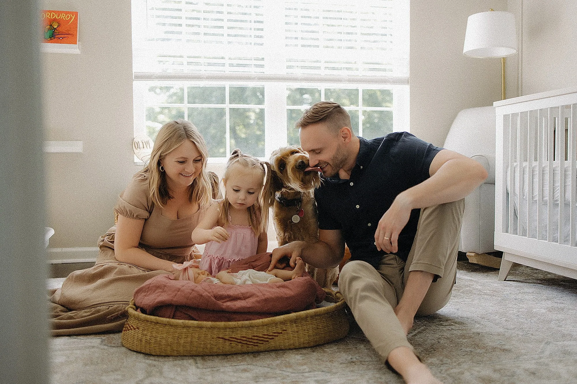 Family with young daughter and dog gathered around a bed with a baby inside, in a bright nursery with large window.