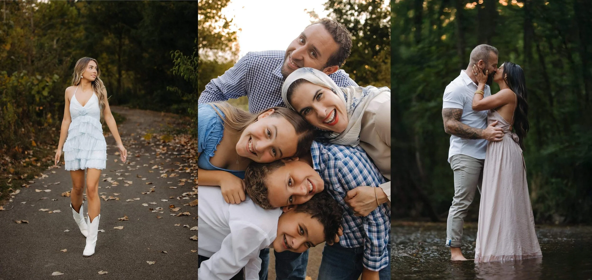 Couple standing barefoot in a shallow creek at sunset, sharing a kiss surrounded by trees — romantic lifestyle photography by The Heart Narrative in Indianapolis.