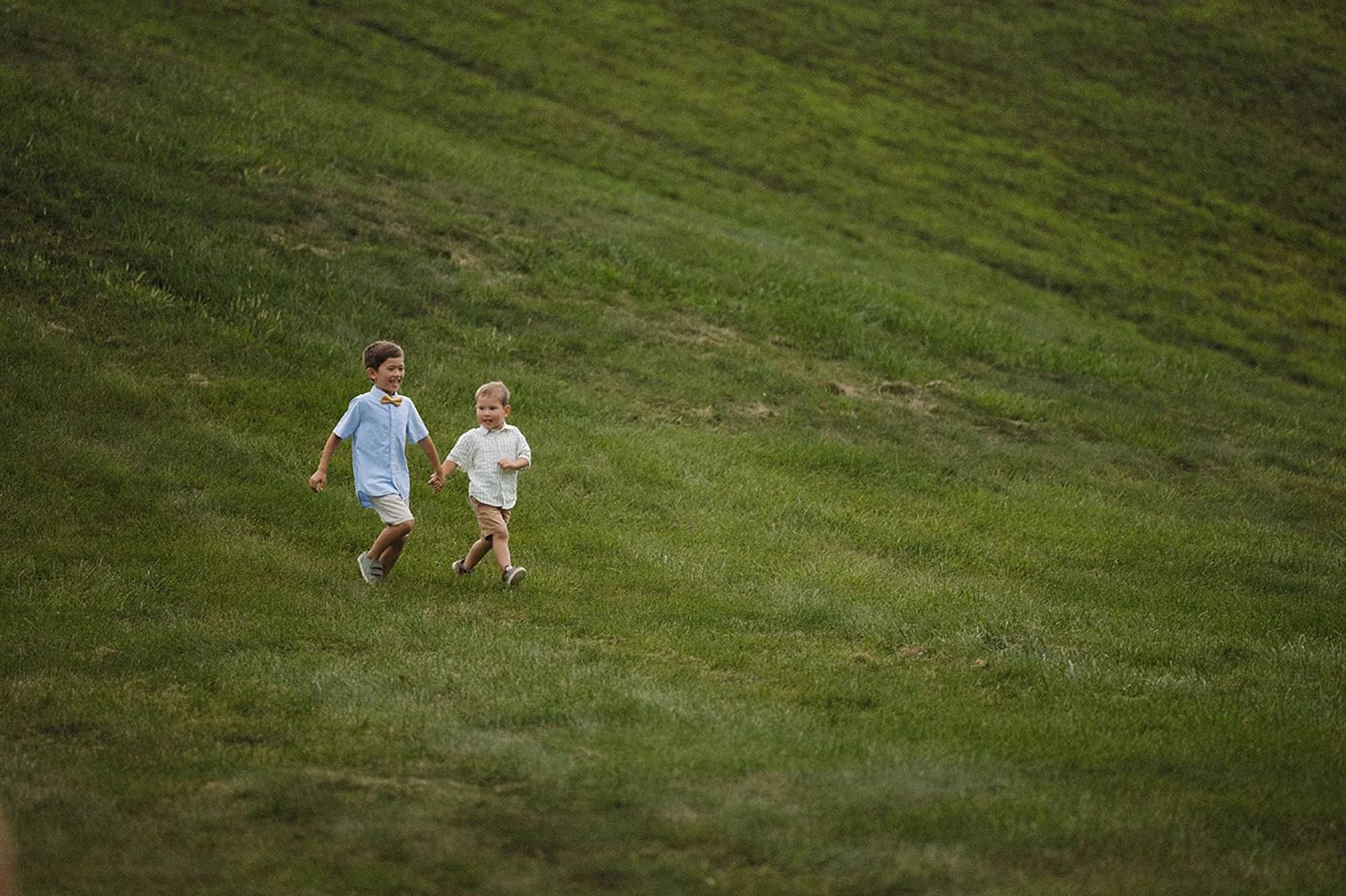 Two young brothers holding hands and walking together across a grassy hill during a Flat Fork Creek Park family photo session