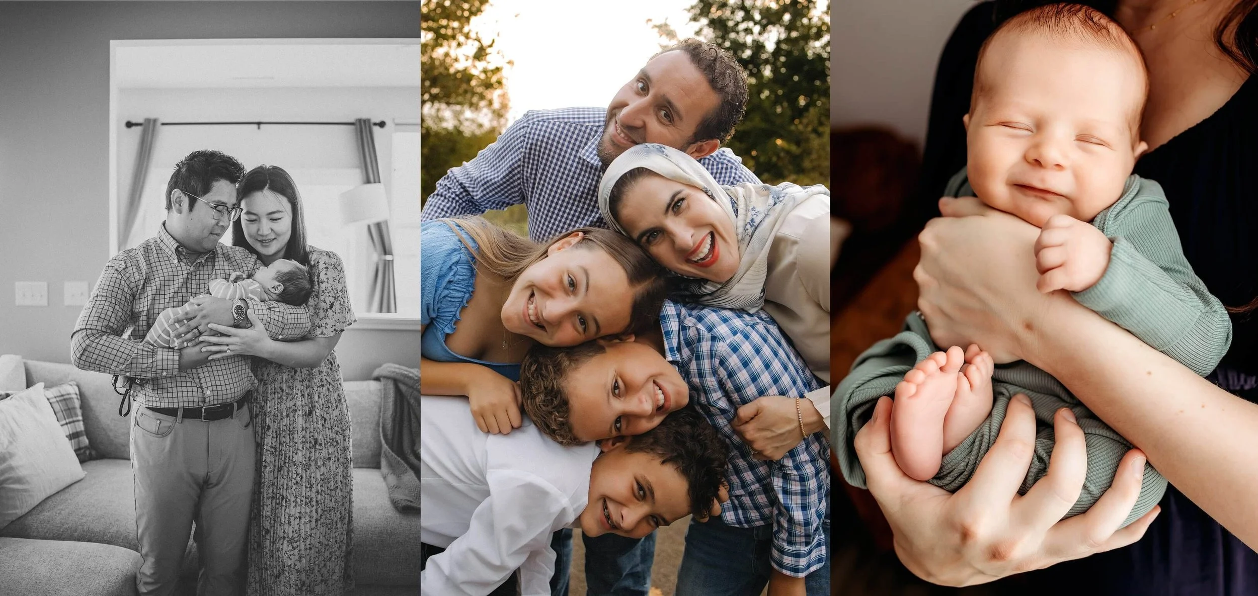 Family of five smiling and stacked together in a playful outdoor pose during golden hour — Indianapolis family photography by The Heart Narrative, capturing laughter and connection.
