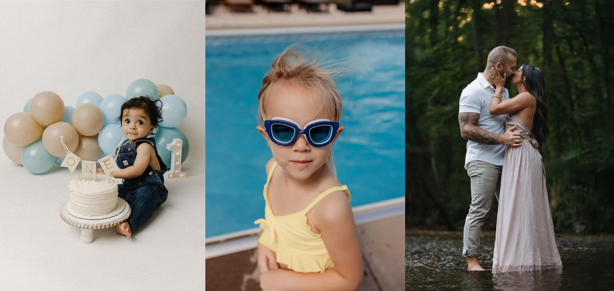 Lifestyle child portrait in Central Indiana featuring a playful little girl in a yellow swimsuit and blue sunglasses by the pool — carefree, documentary-style photography by The Heart Narrative.”