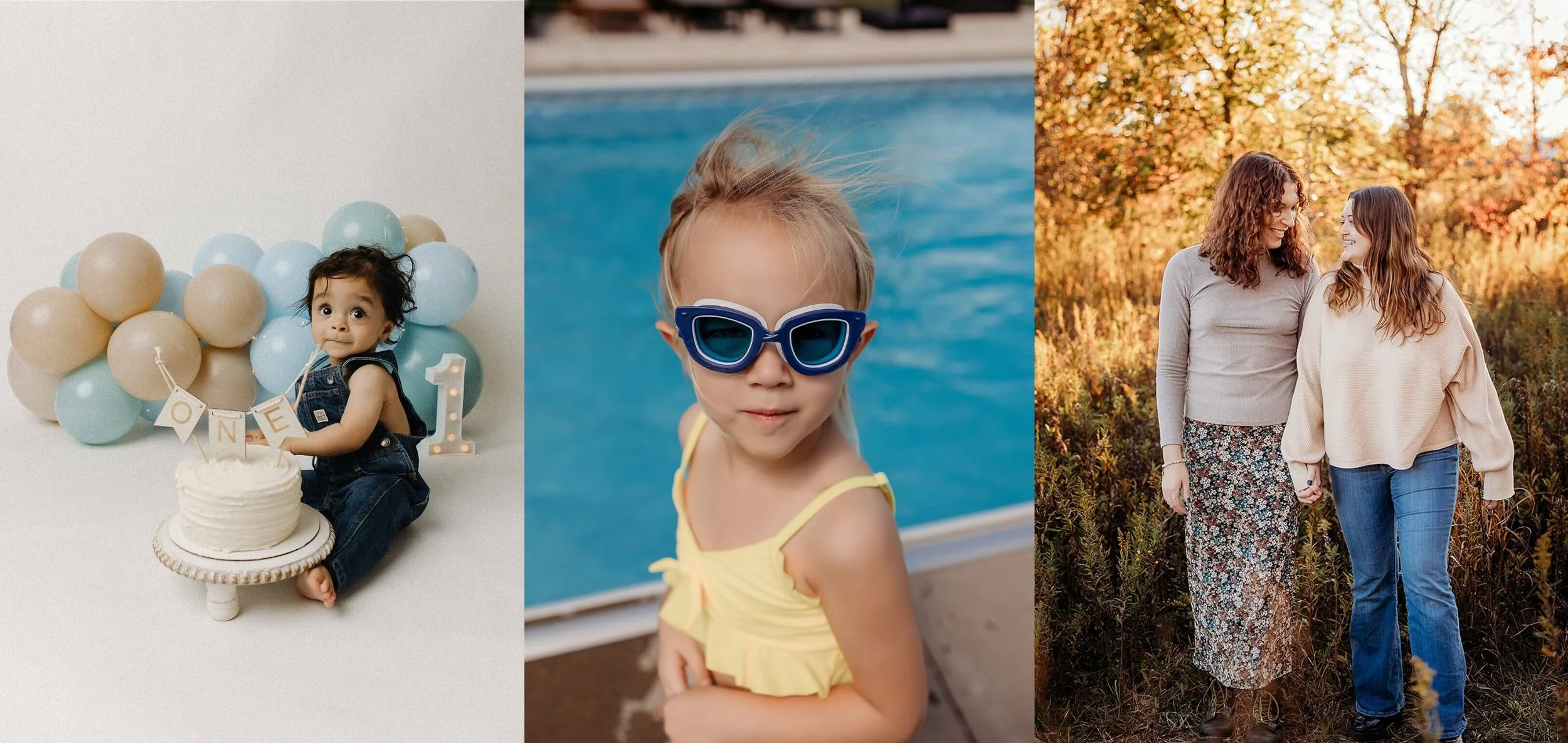 One-year-old baby in denim overalls sitting beside a white cake and pastel balloon garland — milestone photography in Indianapolis by The Heart Narrative, celebrating real joy and personality.