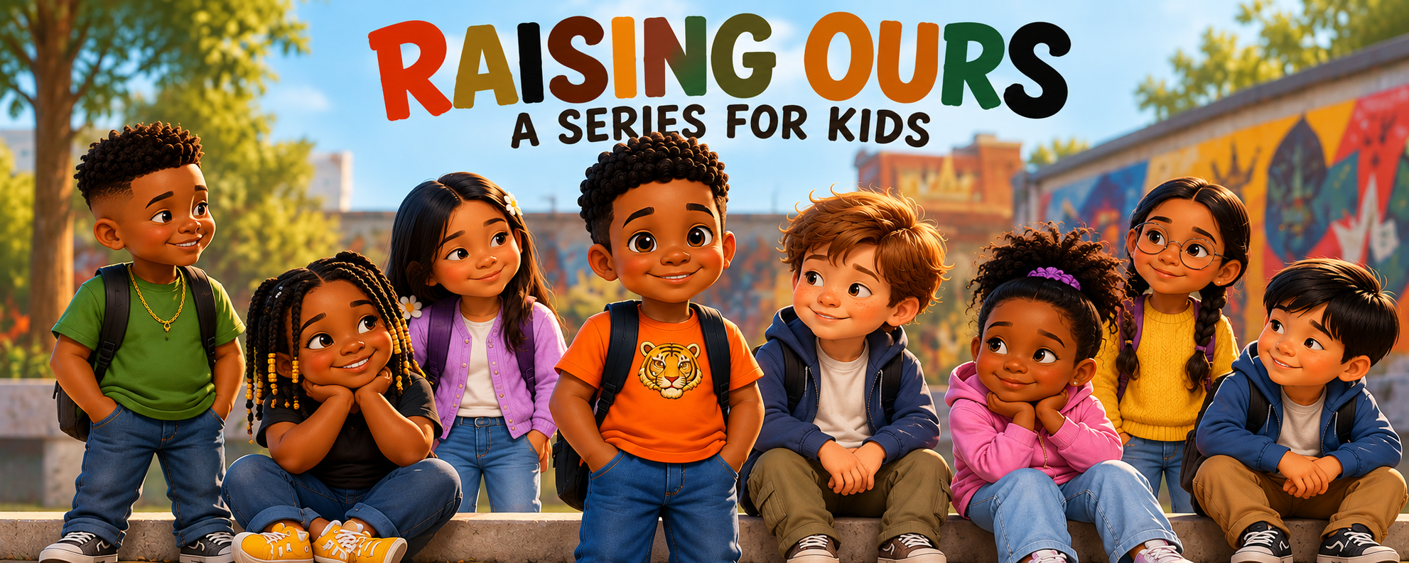 Group of diverse kids sitting and standing outdoors, smiling, with colorful graffiti and trees in the background. Text says 'Raising Ours: A Series for Kids'.