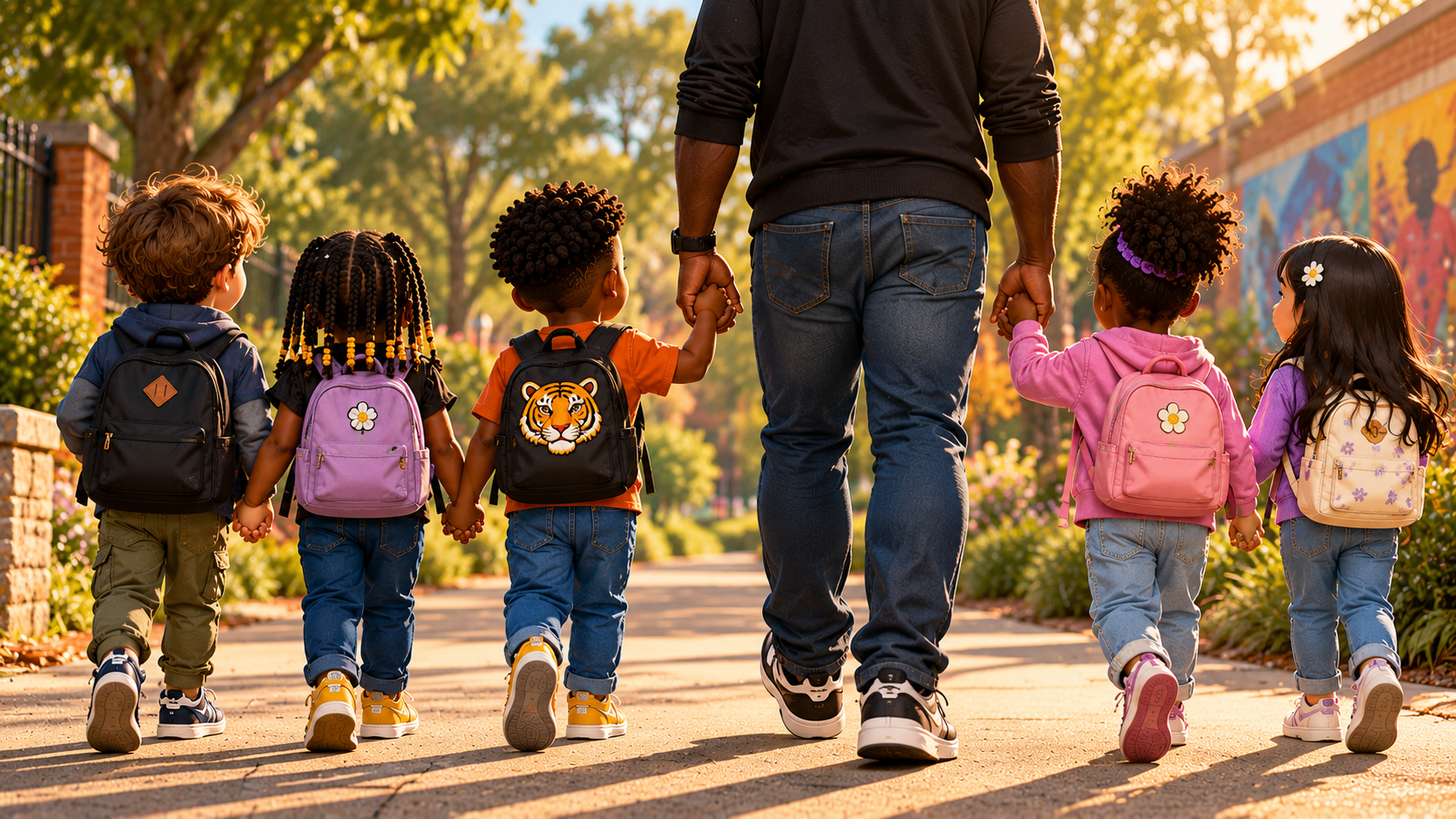 A man holding hands with five young children walking on a sunny sidewalk in a park, surrounded by trees and greenery.