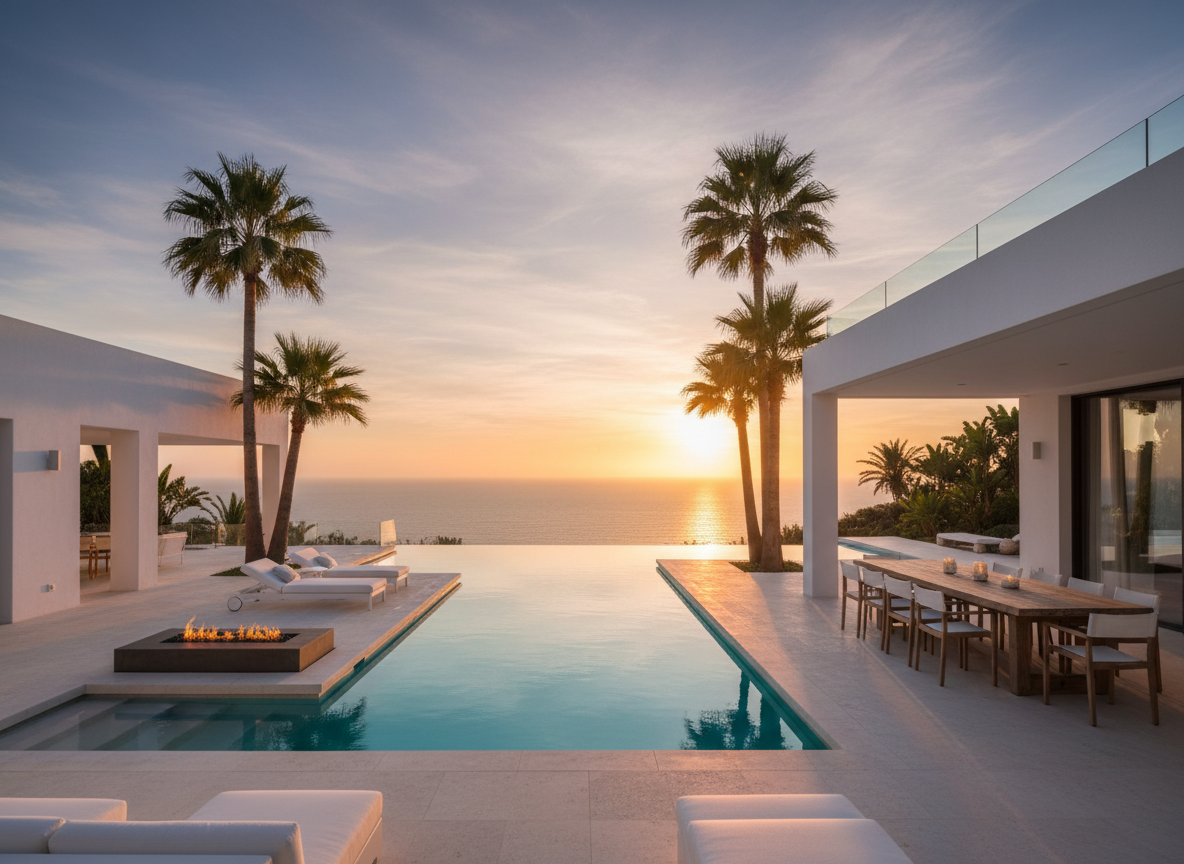 Luxury modern villa with an infinity pool overlooking the ocean at sunset, surrounded by palm trees, outdoor lounge chairs, and a dining area with candles.