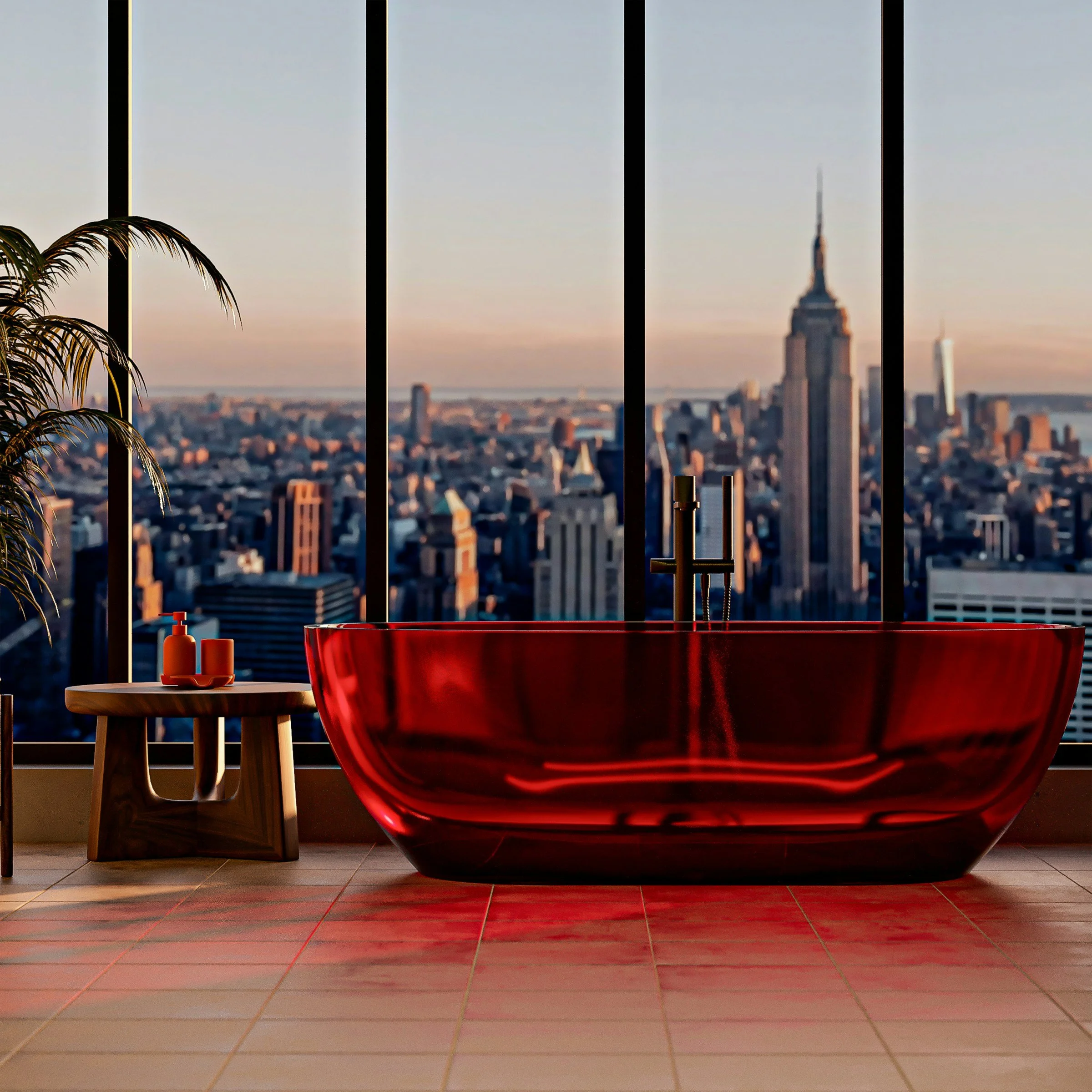 Red bathtub with city skyline view of New York City from a high-rise apartment window during sunset.