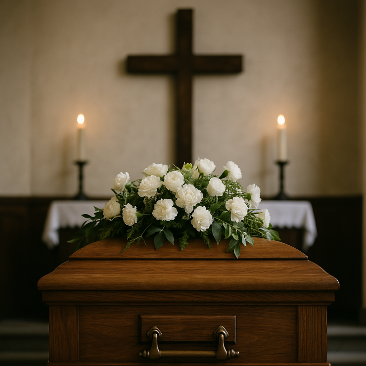 A closed wooden casket with a white floral arrangement on top, situated in a chapel or church with a cross on the wall and lit candles in the background.