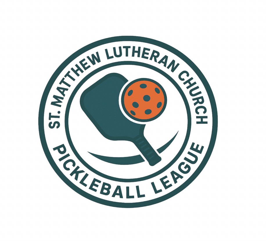 Logo of St. Matthew Lutheran Church Pickleball League featuring a pickleball paddle and ball inside a circular border.
