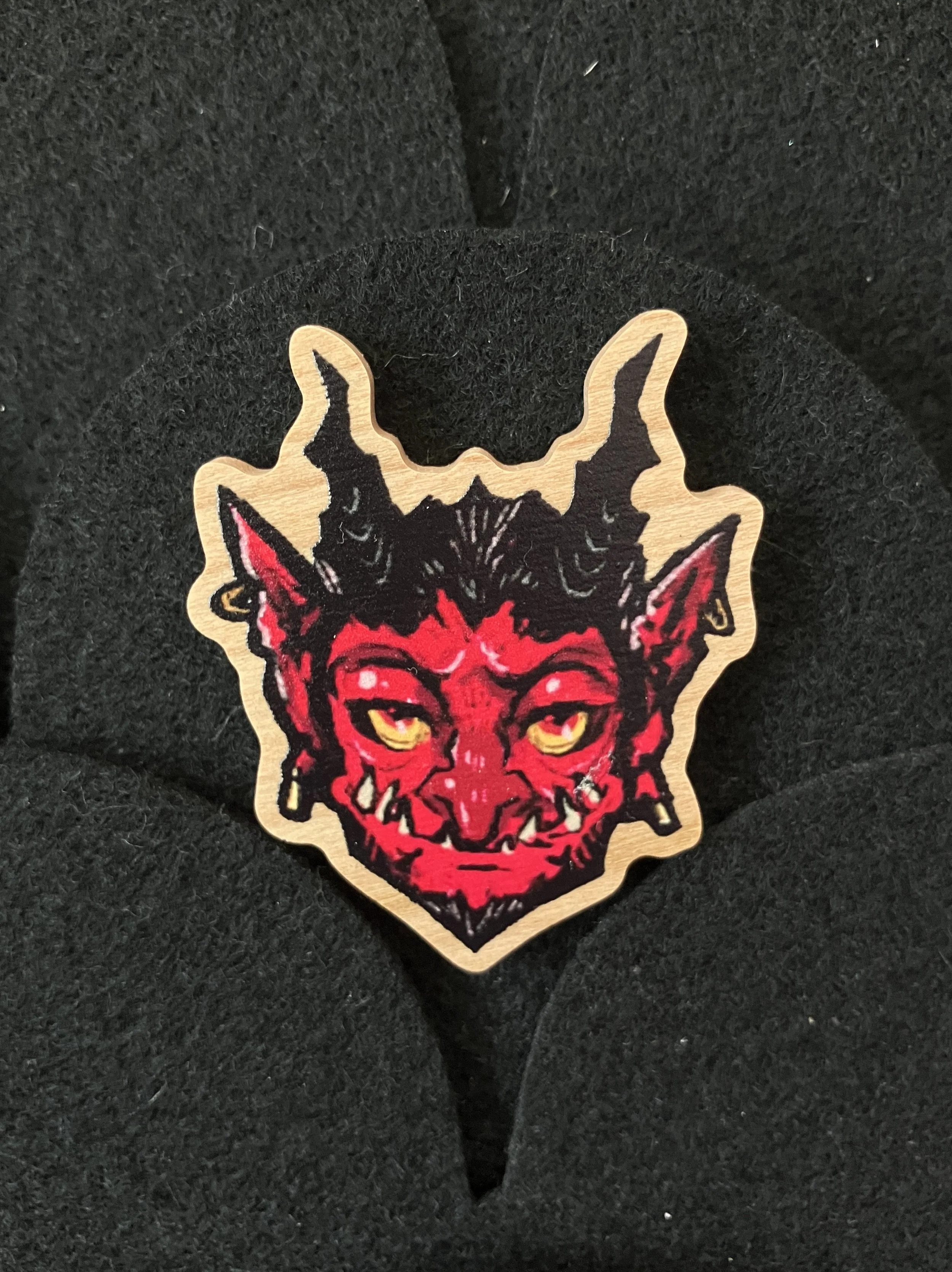 Red Devil Wooden Pin Badge