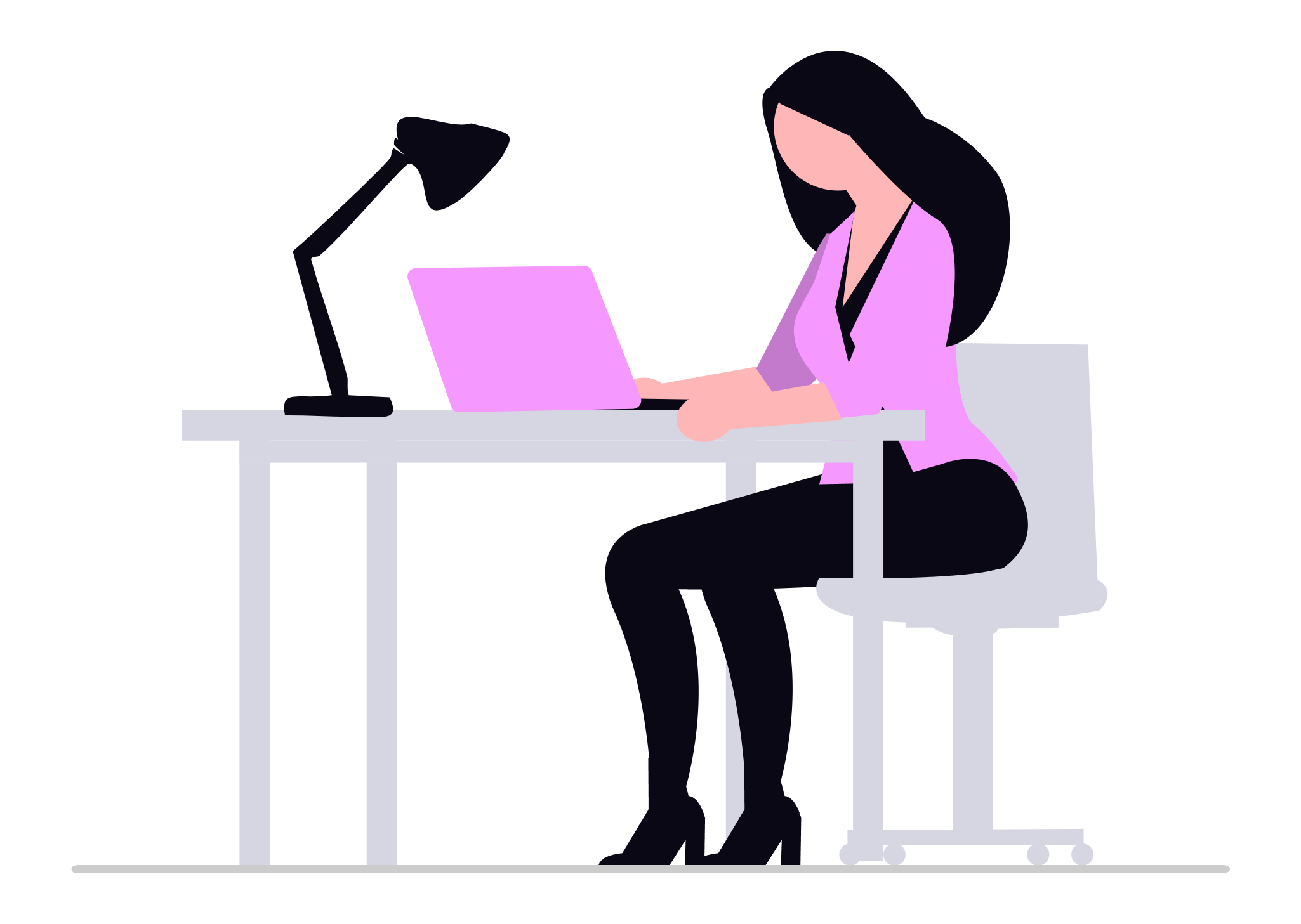 Illustration of a woman sitting at a desk with a laptop, desk lamp, and chair, working.