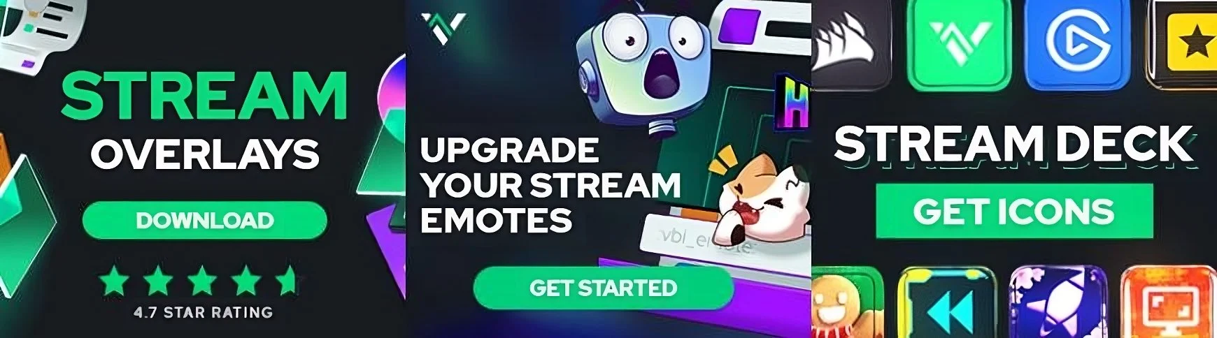 Screenshots of streaming overlay apps featuring options to download overlays, upgrade stream emotes, and get icons for stream decks, with colorful icons and buttons.