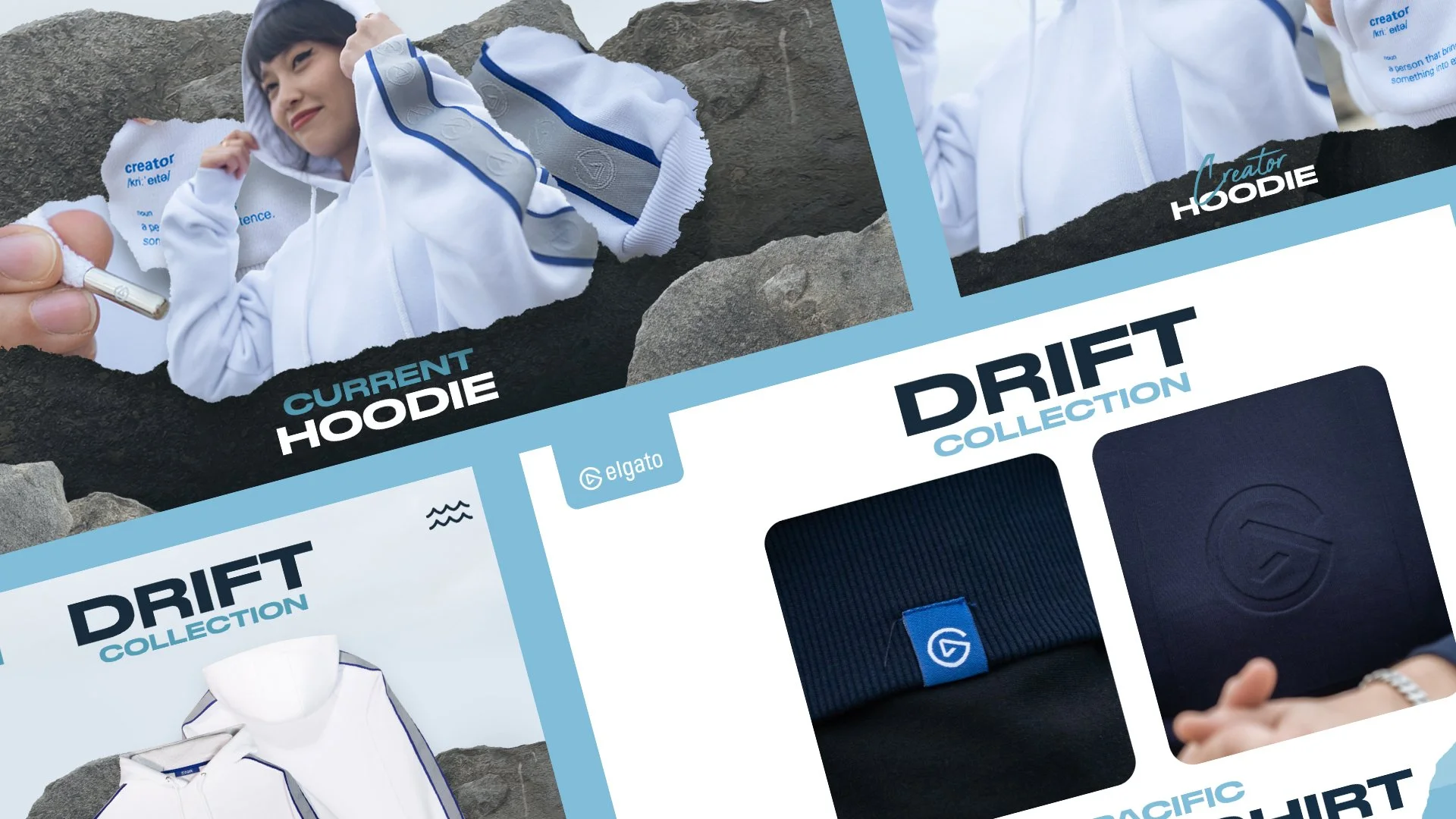 Promotional display of apparel and accessories from the Drift Collection, including hoodies and beanies, presented on a rocky background with torn paper effects.