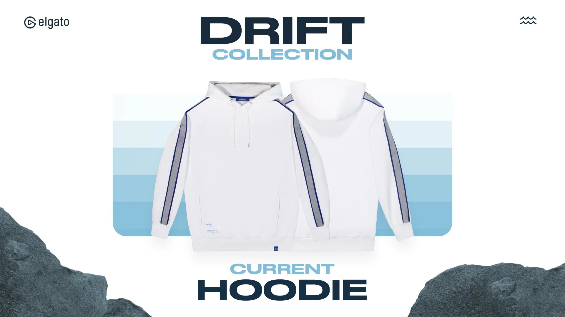 White hooded sweatshirt with dark blue and gray striped accents, front and back view, displayed on a digital background with rocks at the bottom, advertising the Elgato Drift Collection current hoodie.