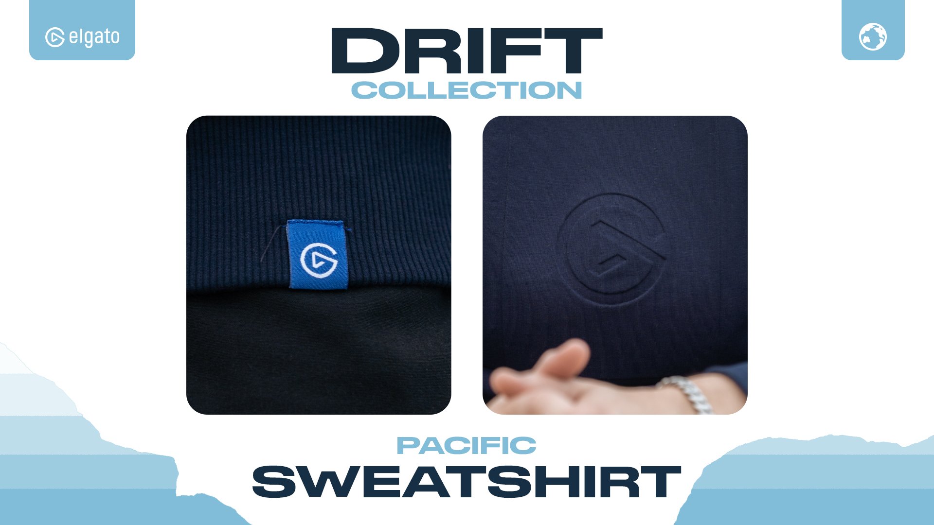 Image of a navy blue ocean-themed sweatshirt from the Drifting Collection by Elgato, featuring a logo tag and an embossed logo on the fabric.