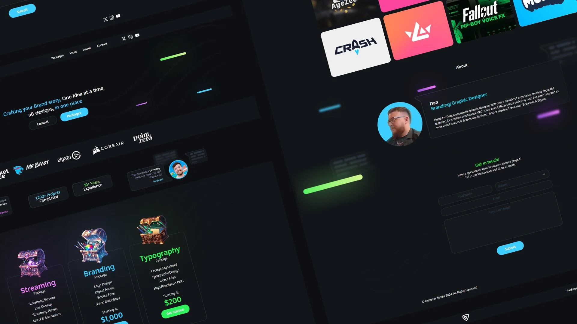Screenshot of a website design portfolio showing a dark background with colorful neon accents. The page features sections about branding and typography packages, contact information, a profile of a branding/graphic designer named Dan, and logos of various clients.