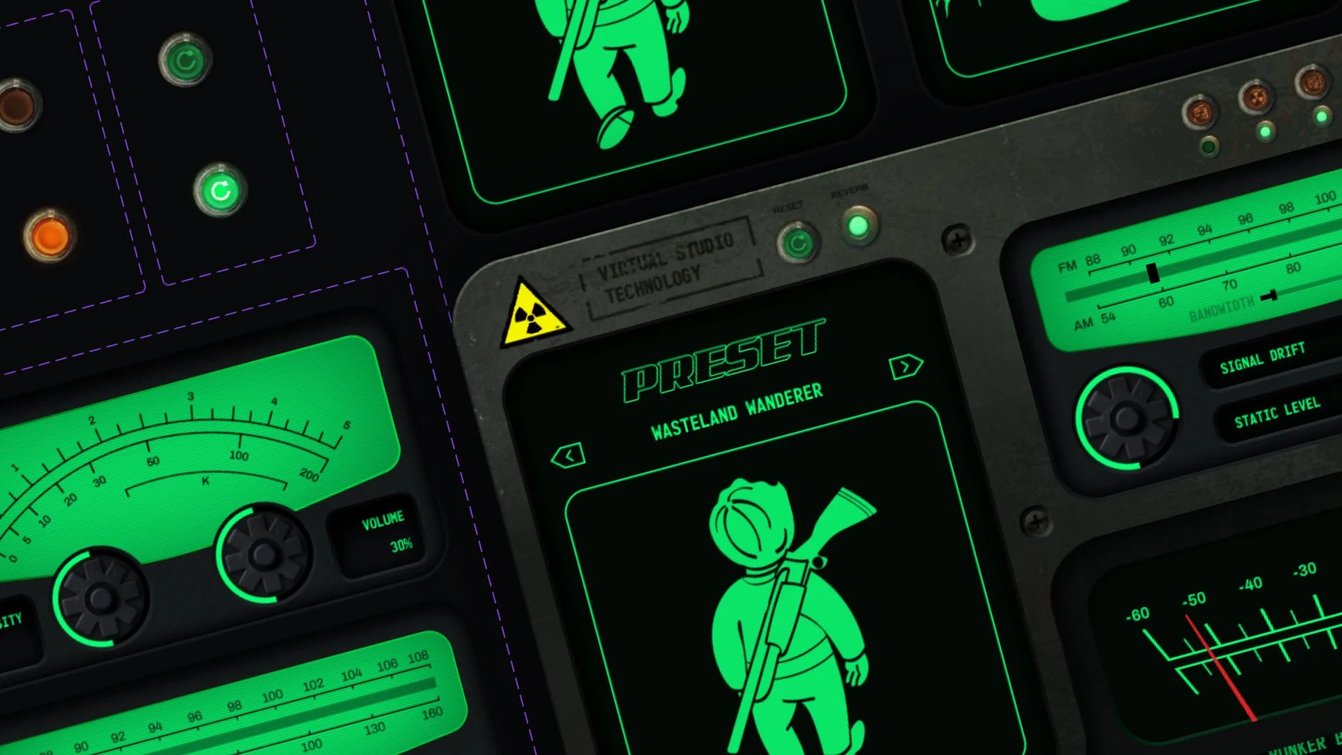 A digital interface with various gauges and displays, including presets with a figure of a person carrying a weapon, and green and orange indicators on a dark background.
