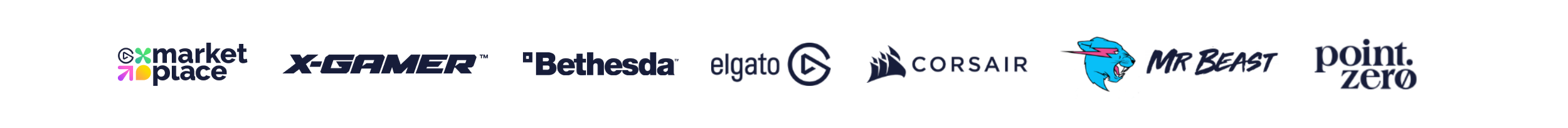 Collapsed logos of various brands and gaming companies, including Market Place, X-Gamer, Bethesda, Elgato, Corsair, and a stylized dragon mascot.