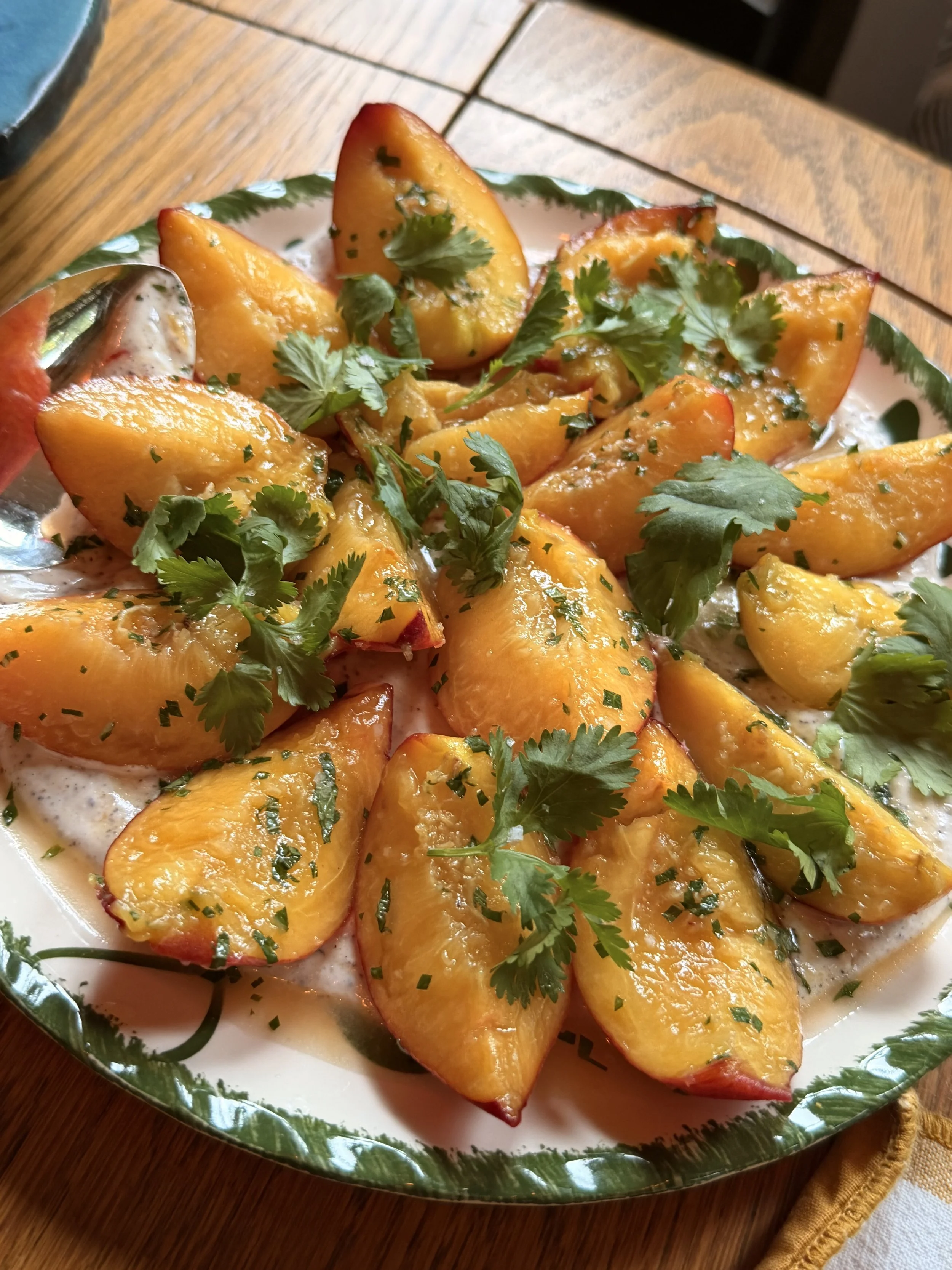 Peaches with labneh and cilantro