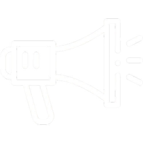 Ein weißes Symbol eines Megaphons auf schwarzem Hintergrund.