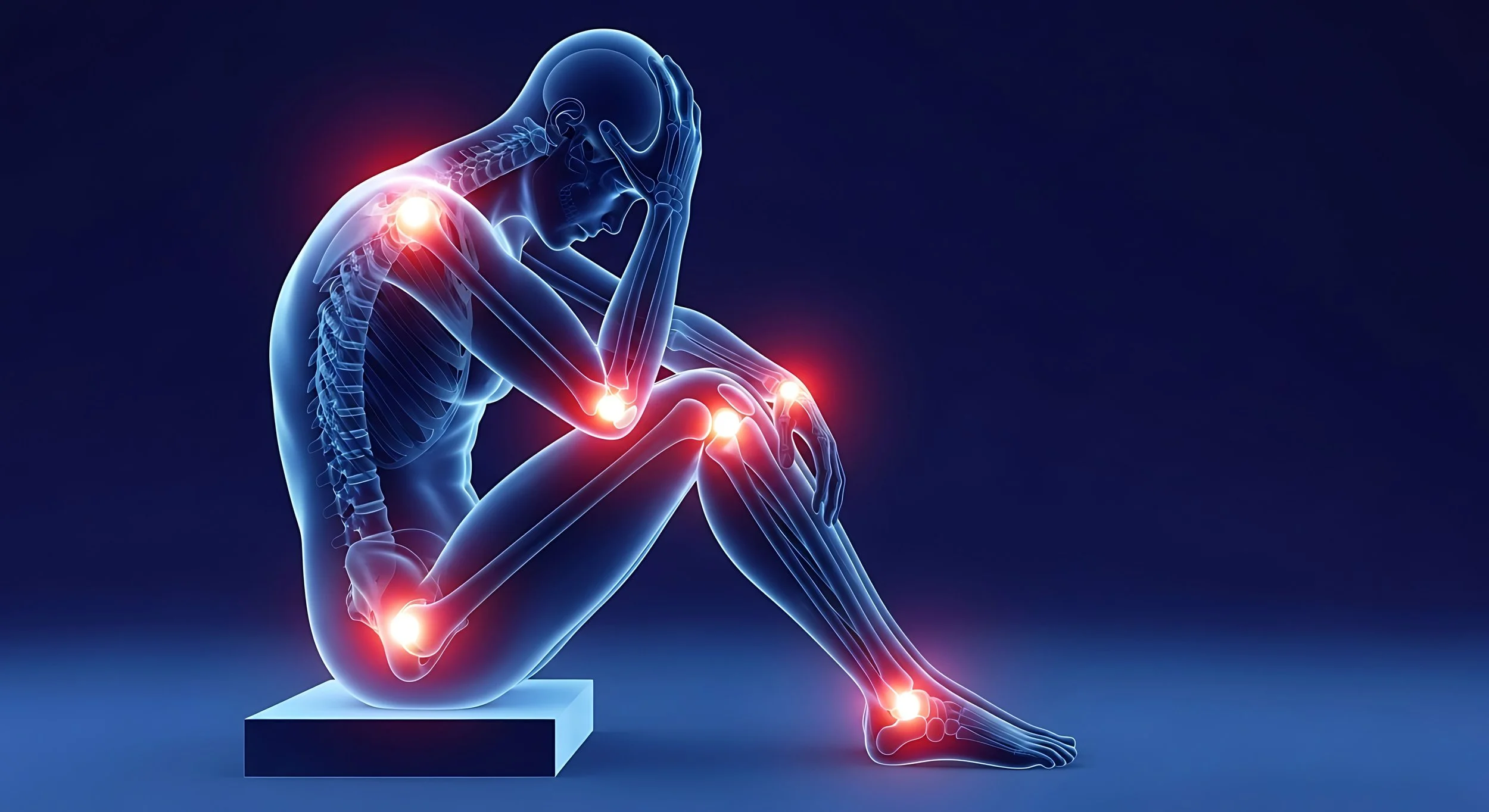 A digital illustration of a transparent human figure sitting on a stool with a distressed expression, holding head with hands. The illustration highlights pain points in the shoulder, elbow, knee, ankle, and low back areas with glowing red spots.
