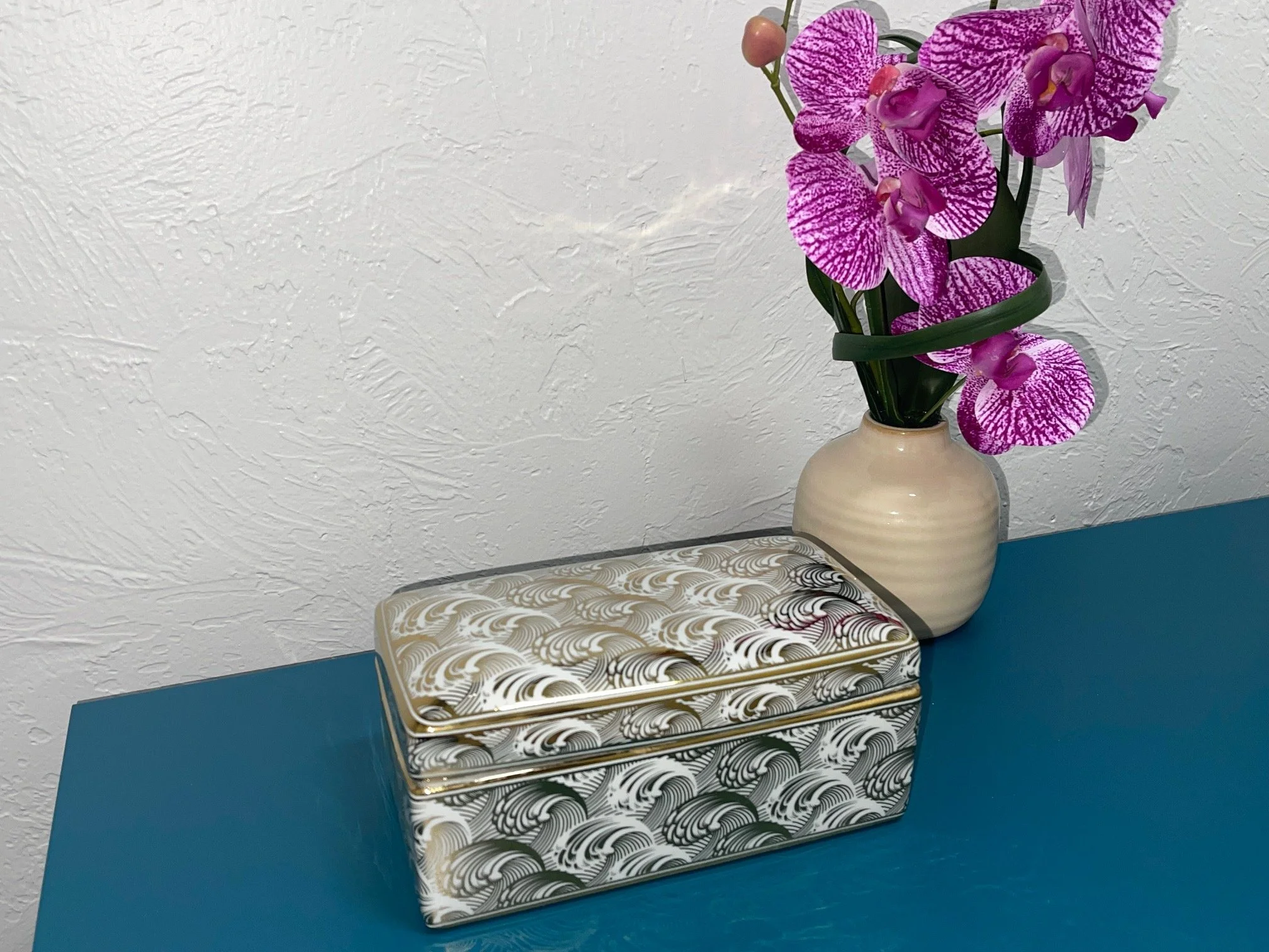 Rectangular 8 inch x 5 inch x 5 inch Ceramic gold and white Urn