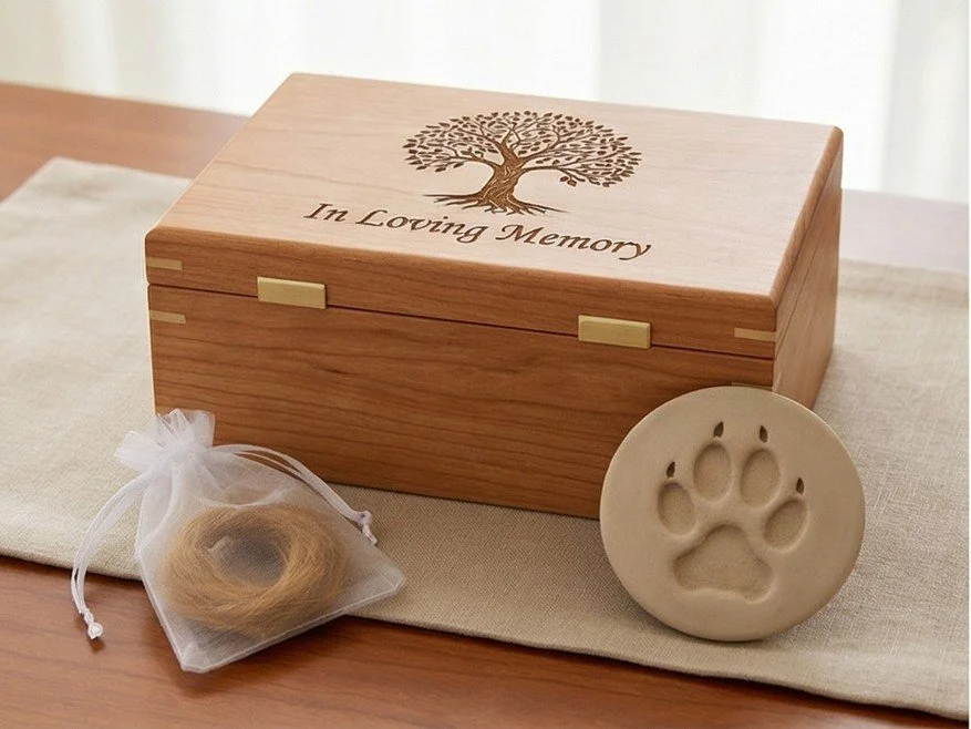 A brown box is dipicted with the engraving of a tree on it with the words "In Loving Memory" engraved under the tree. A clay paw print along with a transparent white bag with a fur clipping which is the private package for private pet cremation.