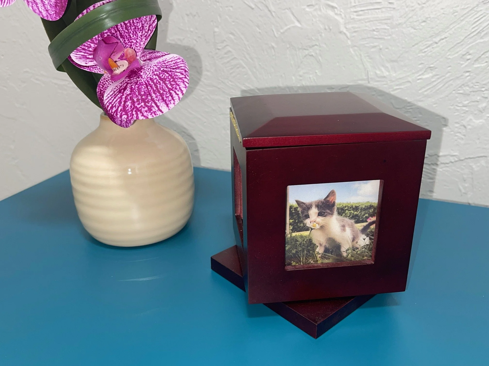 Medium 5 inch photo box swivel Urn in a rich Cherrywood finish