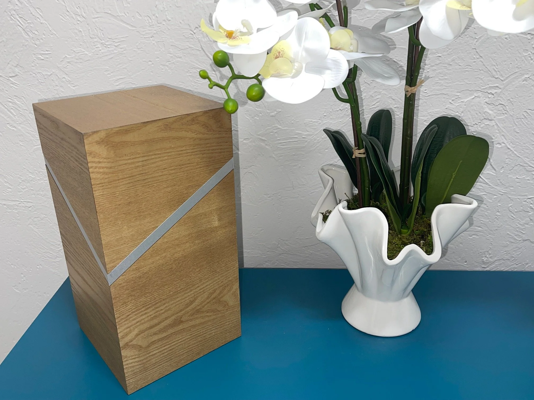 Contemporary Large Abstract Wood 12 inch Urn with Silver Accent