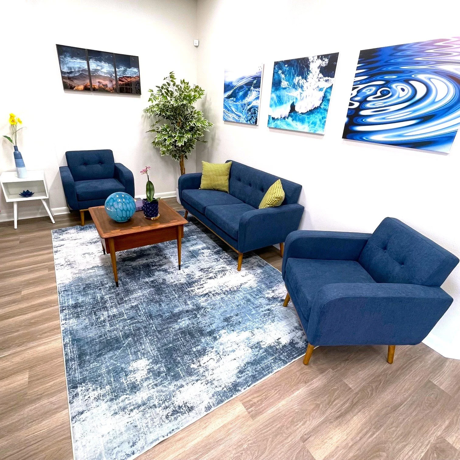 An image of the lobby at Comforting Currents Pet Cremation, where there is a couch and two comfortable chairs sitting on a blue and white rug. There are different pictures of water surrounding the room giving a calm serene feeling to the setting.