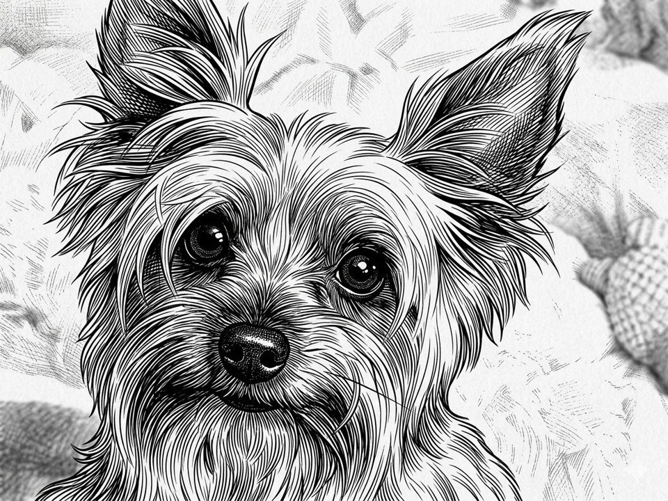 An expamle is shown of a sketch of a yorkie that can easily be engraved onto an urn or chosen rememberance.