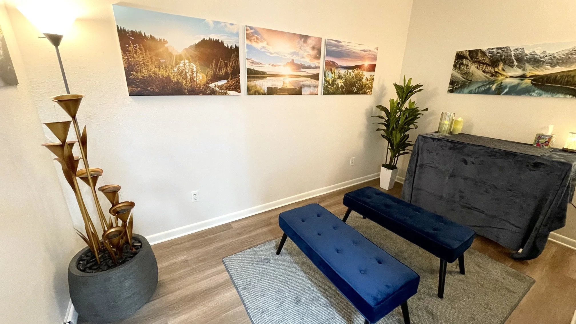Our serene and uplifting Memorial and Remembrance room with uplifting landscape photography, comfortable bench seating and a water feature is perfect for a final farewell, memorial services, family gatherings or licensed DVM Euthanasia services.