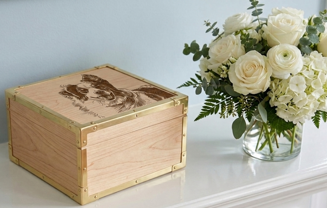 Photo of a custom wood urn with gold edging and an extaordinary engraving of a dog on the top, an example of the custom engraving we do at Comforting Currents.