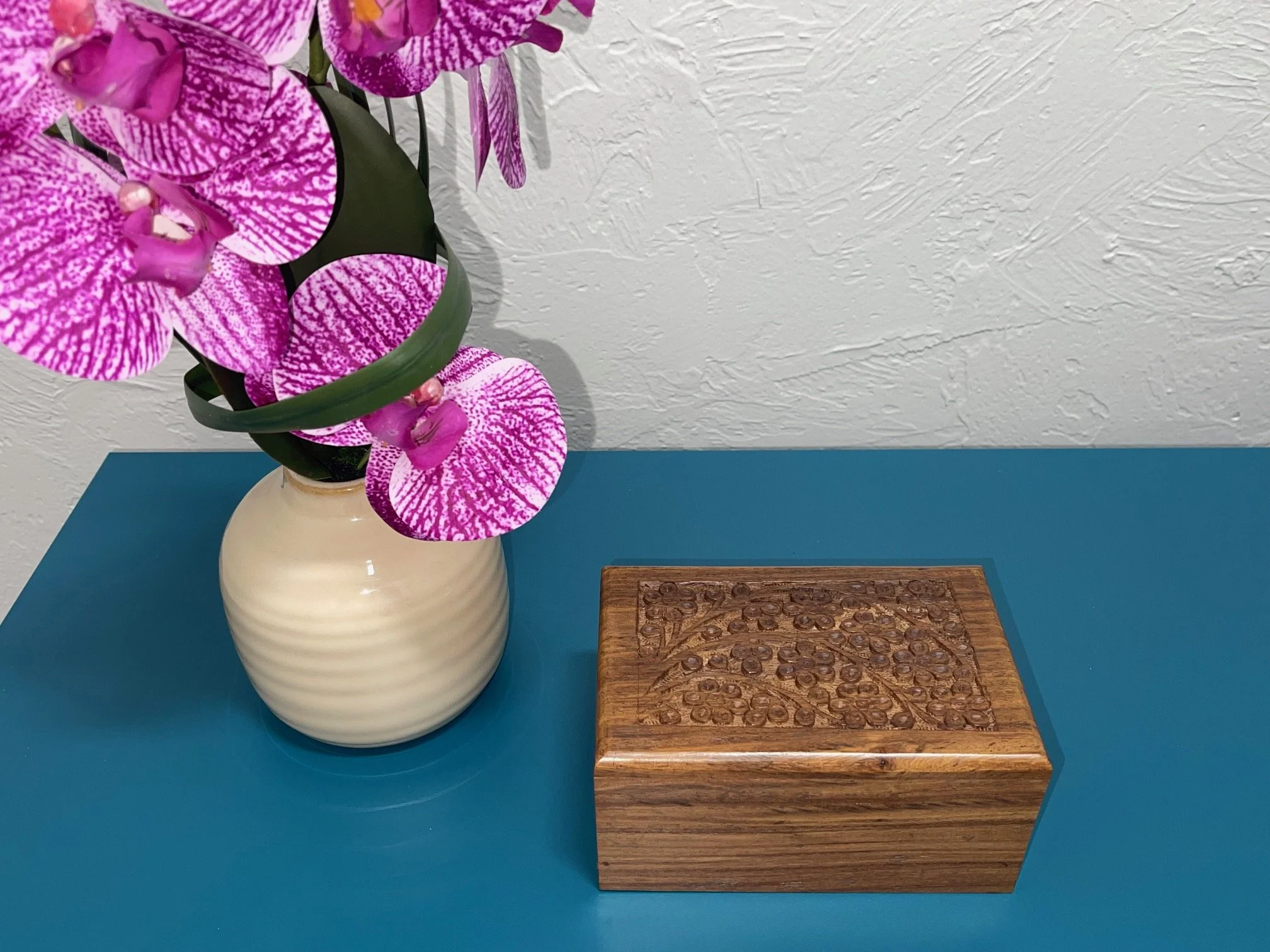 Medium 6 inch x 4 inch Rosewood Urn Box with carved Tree of Life detail