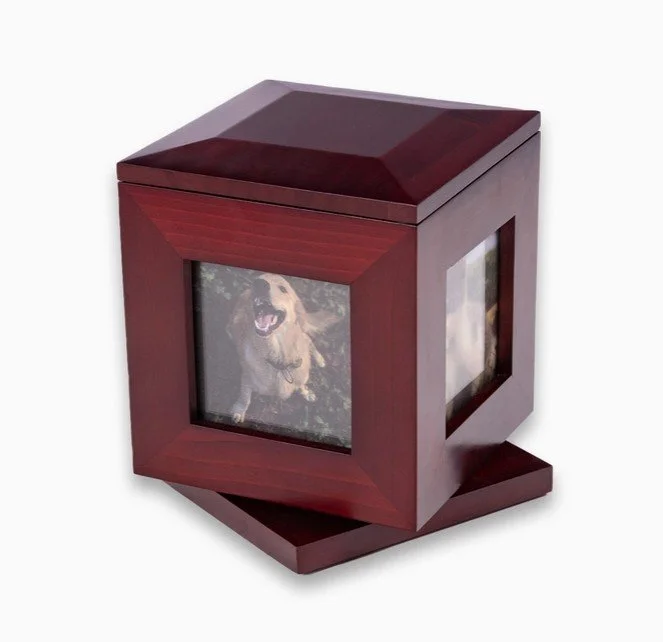 Medium 5 inch photo box swivel Urn in a rich Cherrywood finish