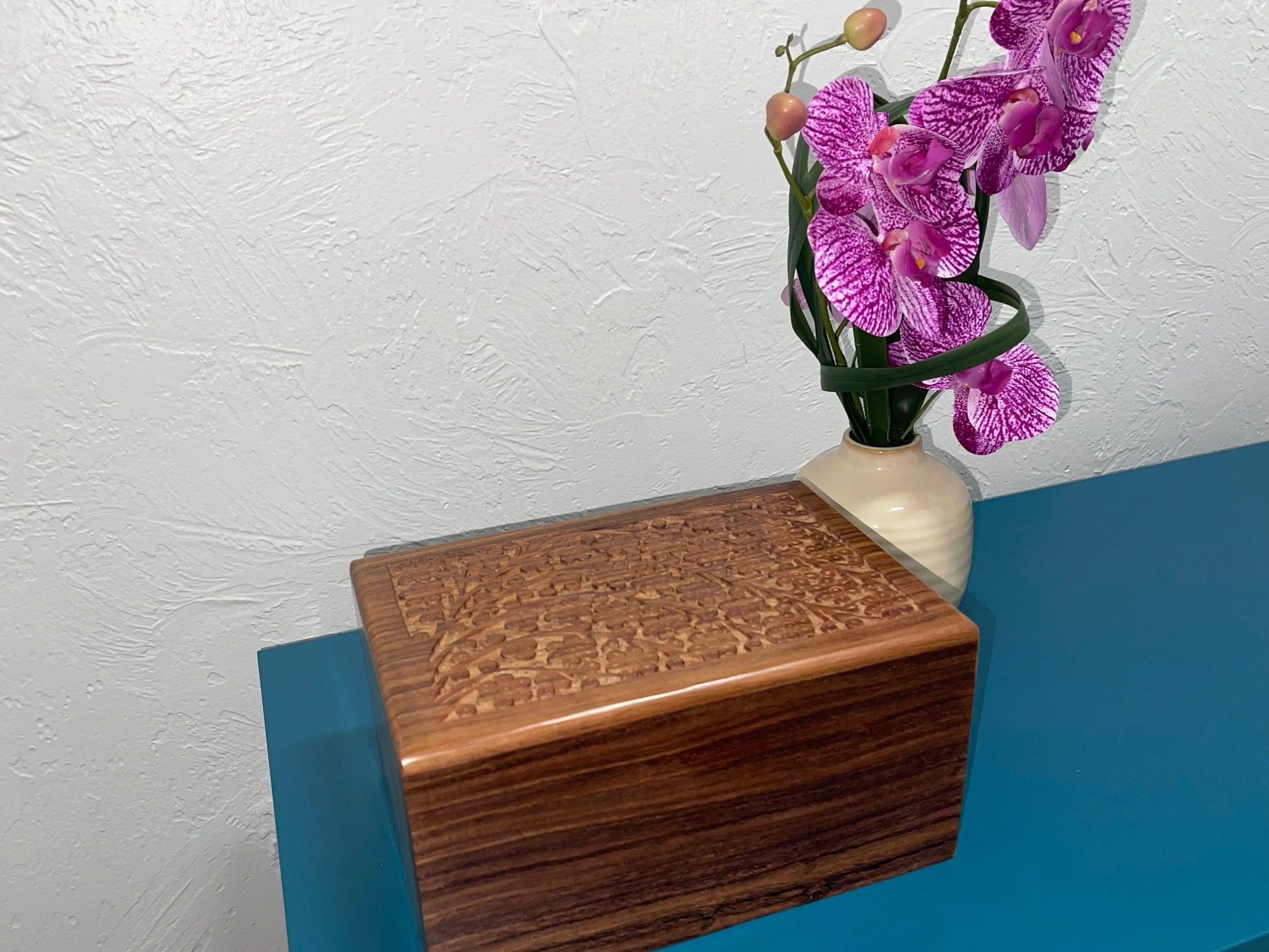 Large 10 inch x 6 inch Rosewood Urn Box with carved Tree of Life detail