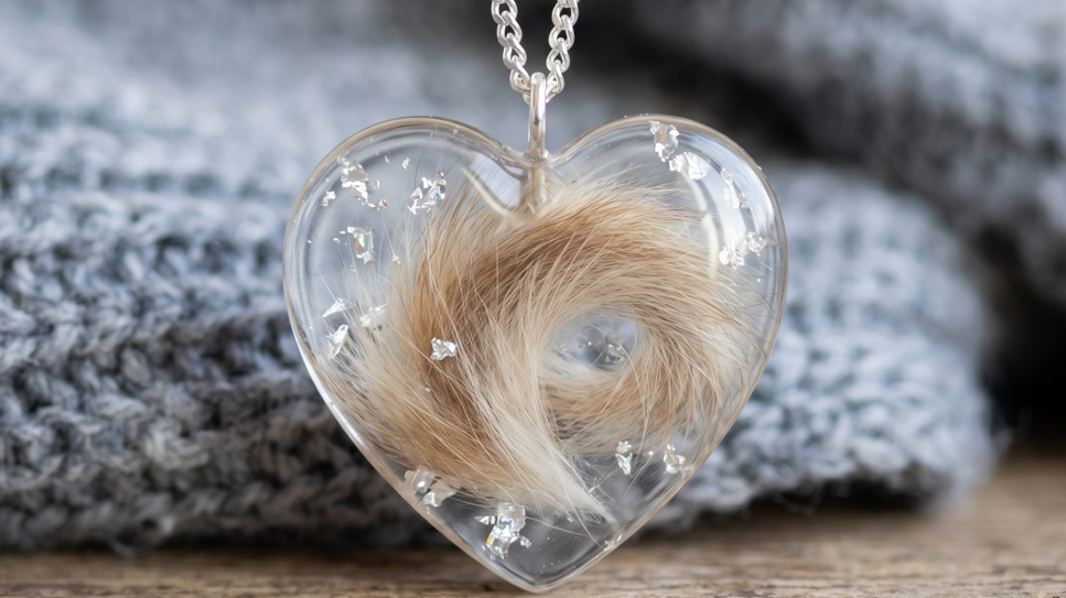 A heart-shaped medallion is shown with a fur clipping inside along with flecks of silver, a beautiful tribute to one's pet that can be part of a private package for water pet cremation at Comforting Currents.