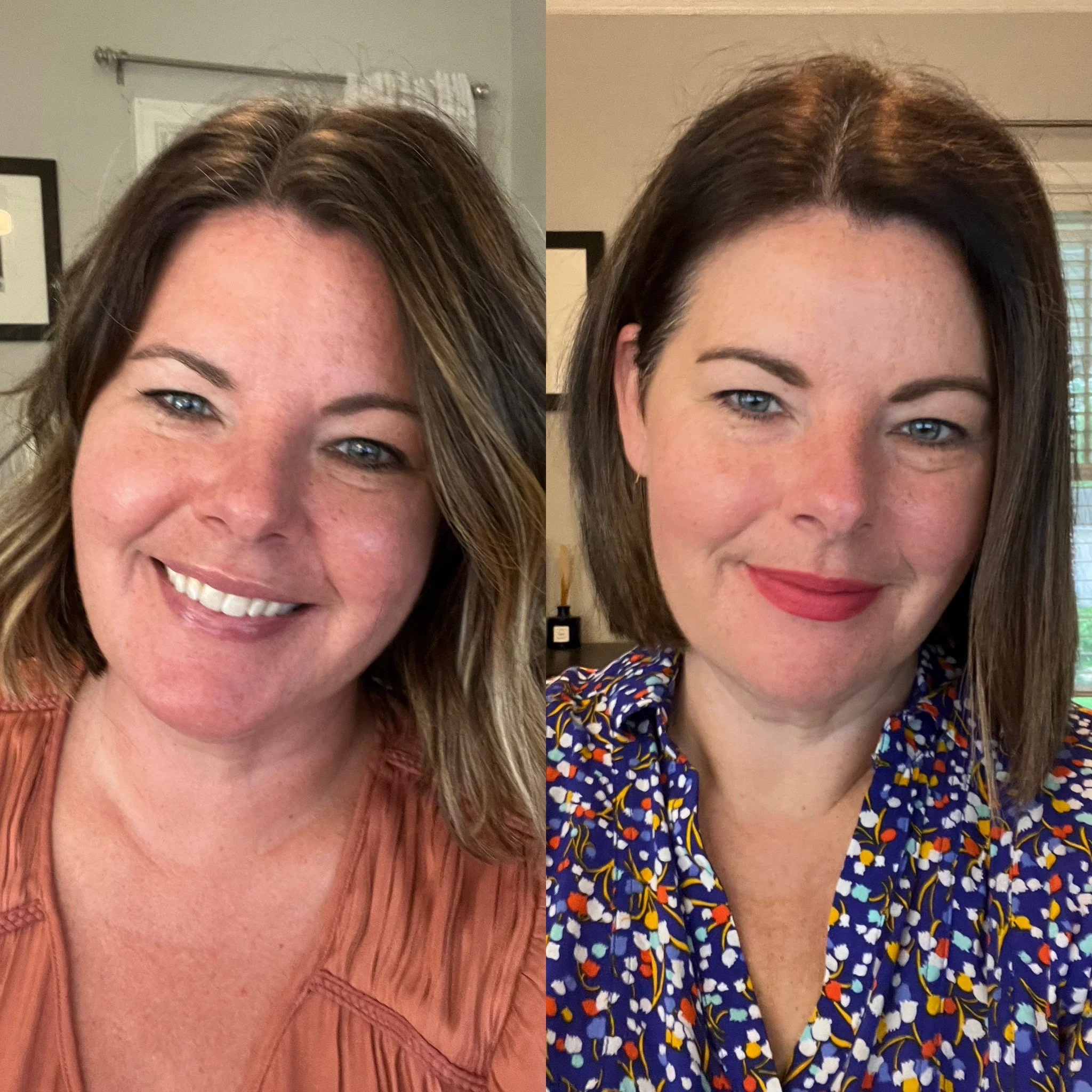 Two pictures of the same person.  The picture on the left is before color analysis and the woman looks red, washed out and skin tone is uneven.  the picture on the right is after color analysis and the woman has Bright, even skin tone