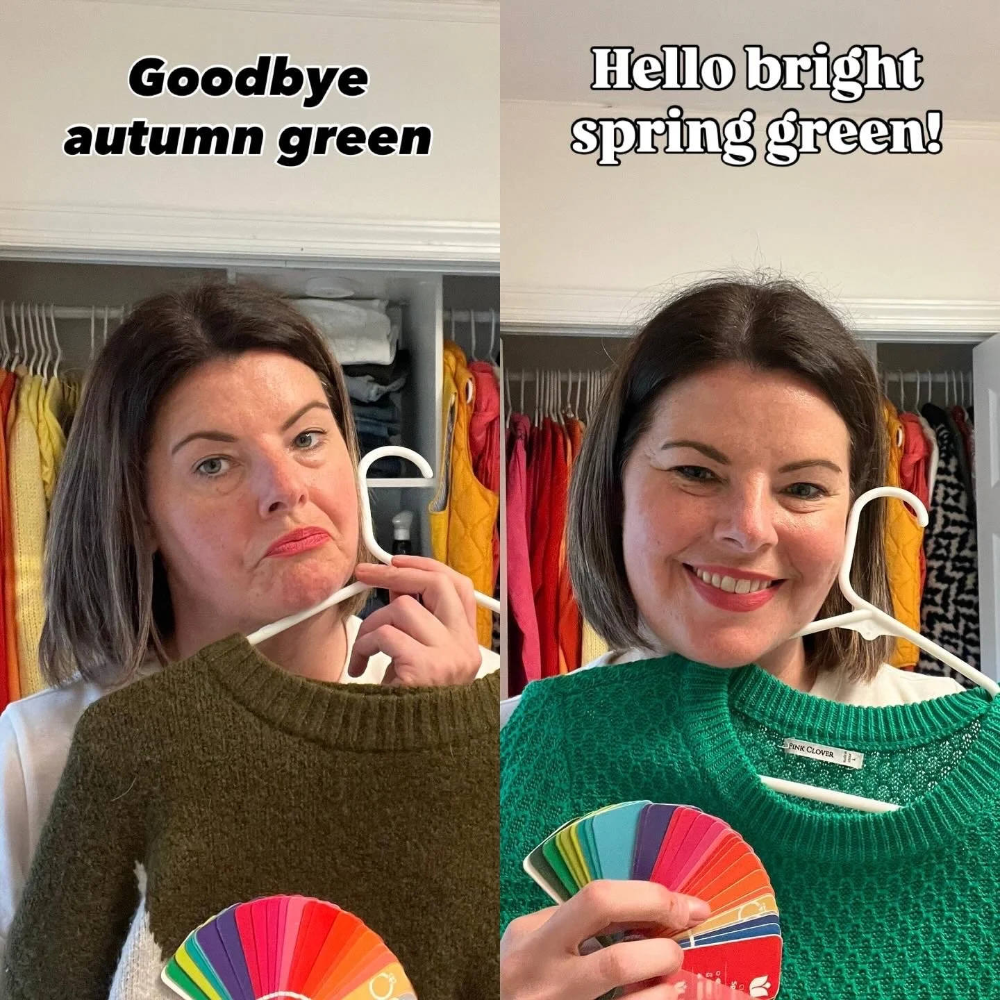 Split-screen image showing a woman holding a white hanger with a green sweater on the left and a rainbow color fan in her other hand; the left side has the text, "Goodbye autumn green," and the right side has the text, "Hello bright spring green!" The woman is smiling on the right side and has a neutral expression on the left. Background includes closet with colorful clothes.