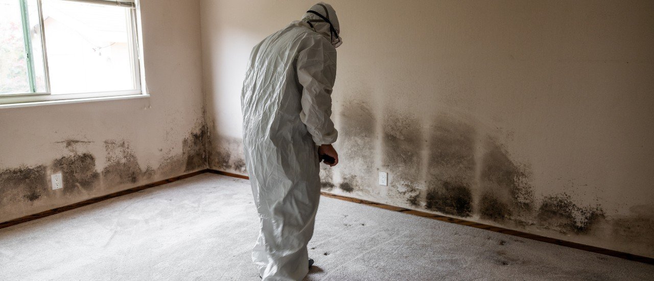 A person wearing protective gear sweeping black mold off a wall in a room.