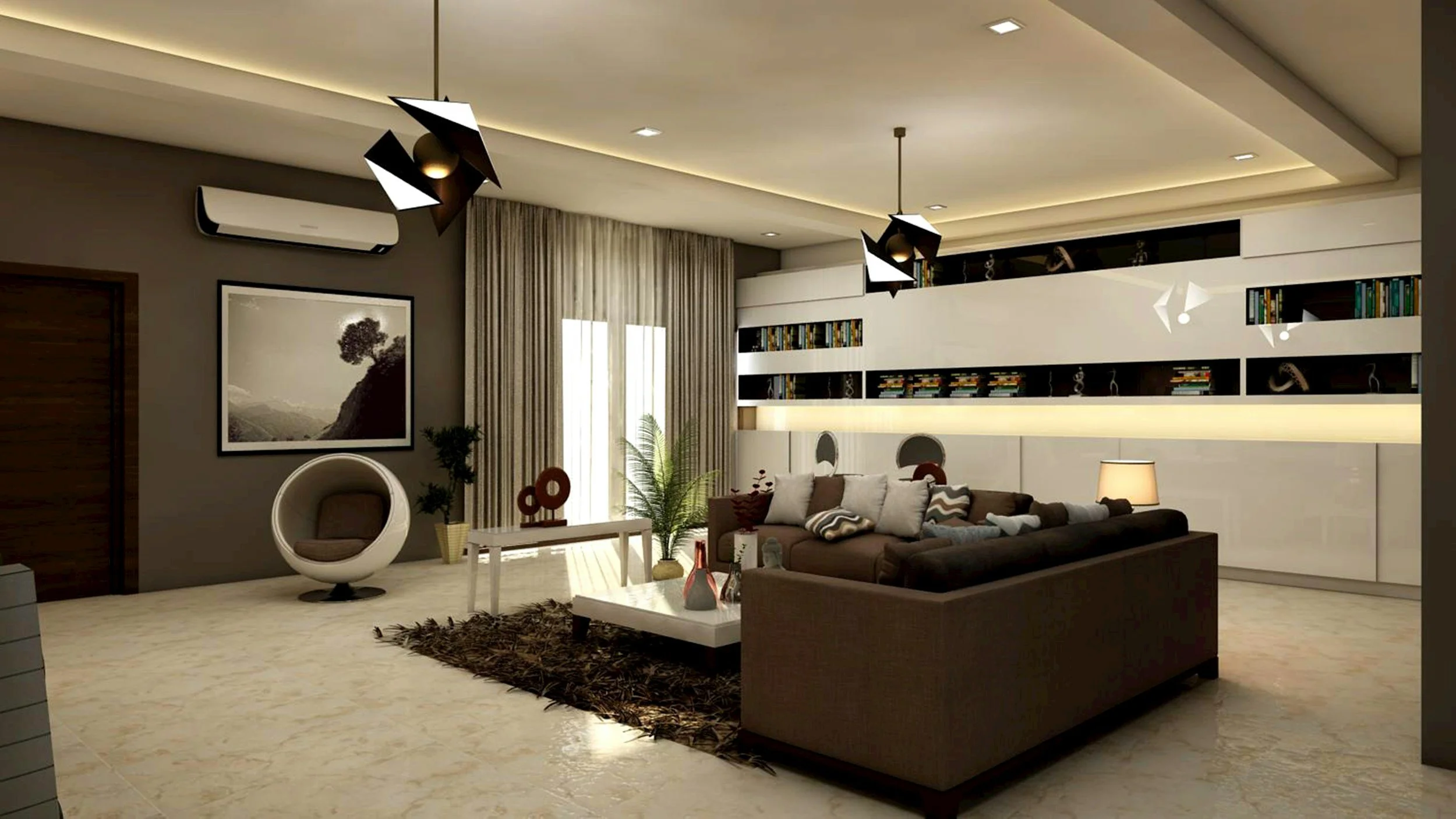 Modern living room with a brown sectional sofa, white coffee table, floor lamp, and decorative pillows. There are dark wood and white shelves with books and sculptures, a large black and white photograph on the wall, potted plants, a unique white chair, and stylish lighting fixtures.