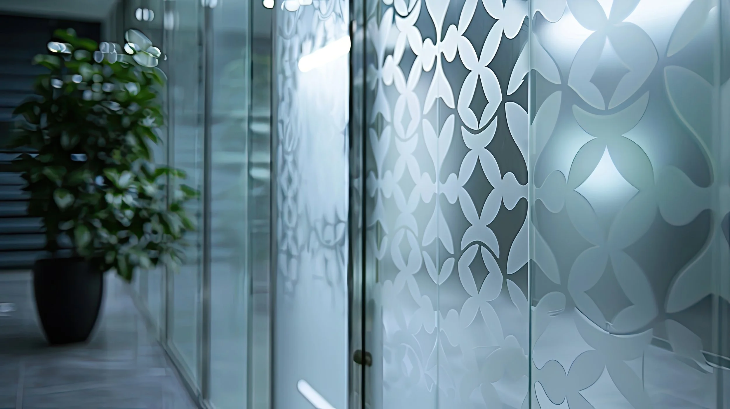 Interior view of a modern space with frosted glass panels featuring floral patterns on the right and a potted green plant on the left, with a glass door in the middle.