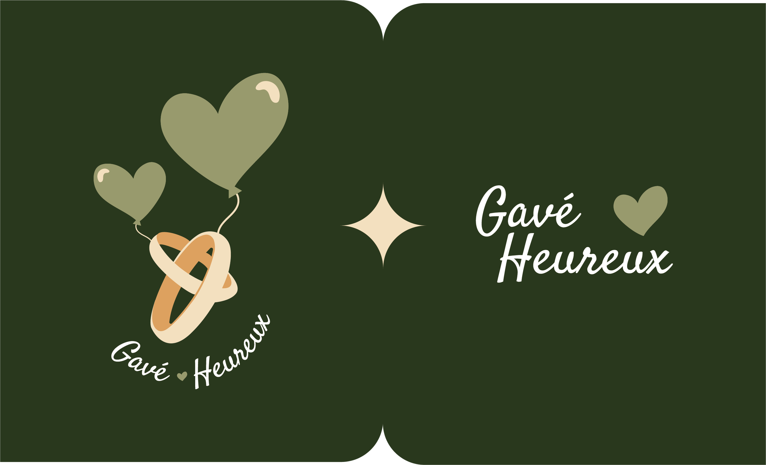 Design avec des ballons cœur, un anneau, une étoile et le texte 'Gavé Heureux' sur un fond vert foncé.