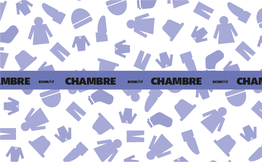 Mot en français 'CHAMBRE' avec des silhouettes de personnes et de meubles en fond