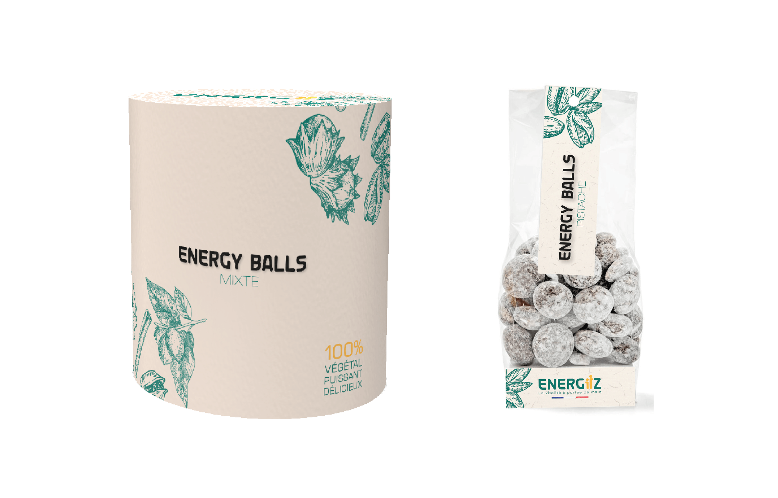 Deux emballages de boules d'énergie, un en boîte cylindrique et l'autre en sachet, avec des illustrations de feuilles de thé ou d'herbes, et des textes en français et en anglais indiquant 'Energy Balls'.