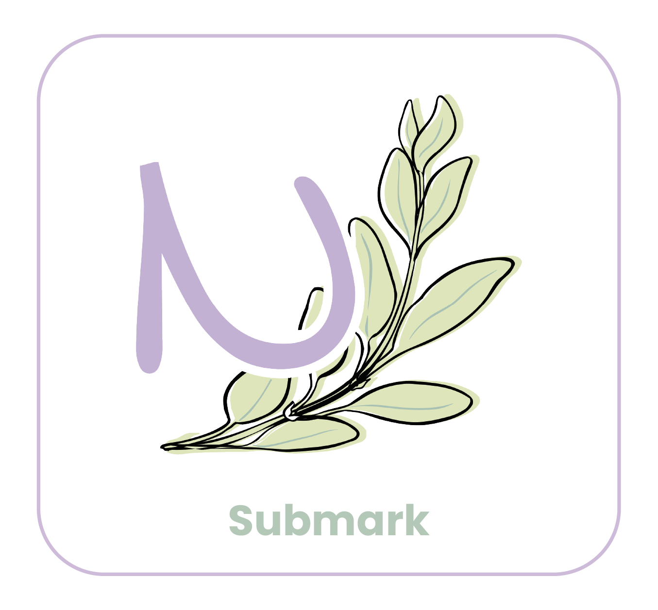 Une illustration minimaliste d'une branche d'olivier avec le mot 'Submark' en dessous, de couleur vert pâle, sur un fond blanc avec une bordure violette.