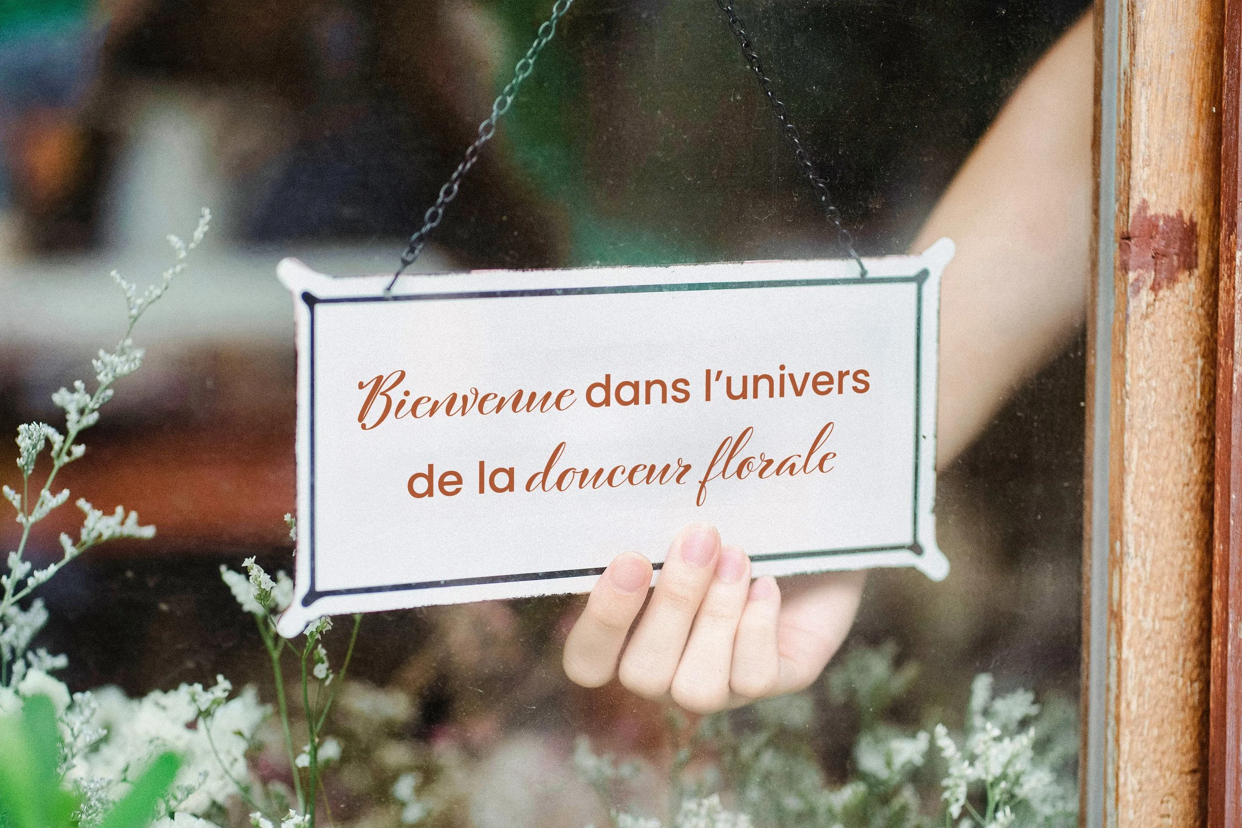 Une main tient une pancarte blanche suspendue par une chaîne avec le message écrit en français : «Bienvenue dans l'univers de la douceur florale». La pancarte est devant une vitre avec des fleurs à l'intérieur.