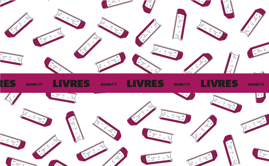 Motif de livres alignés, avec une bande horizontale mauve avec le texte 'LIVRES' en noir