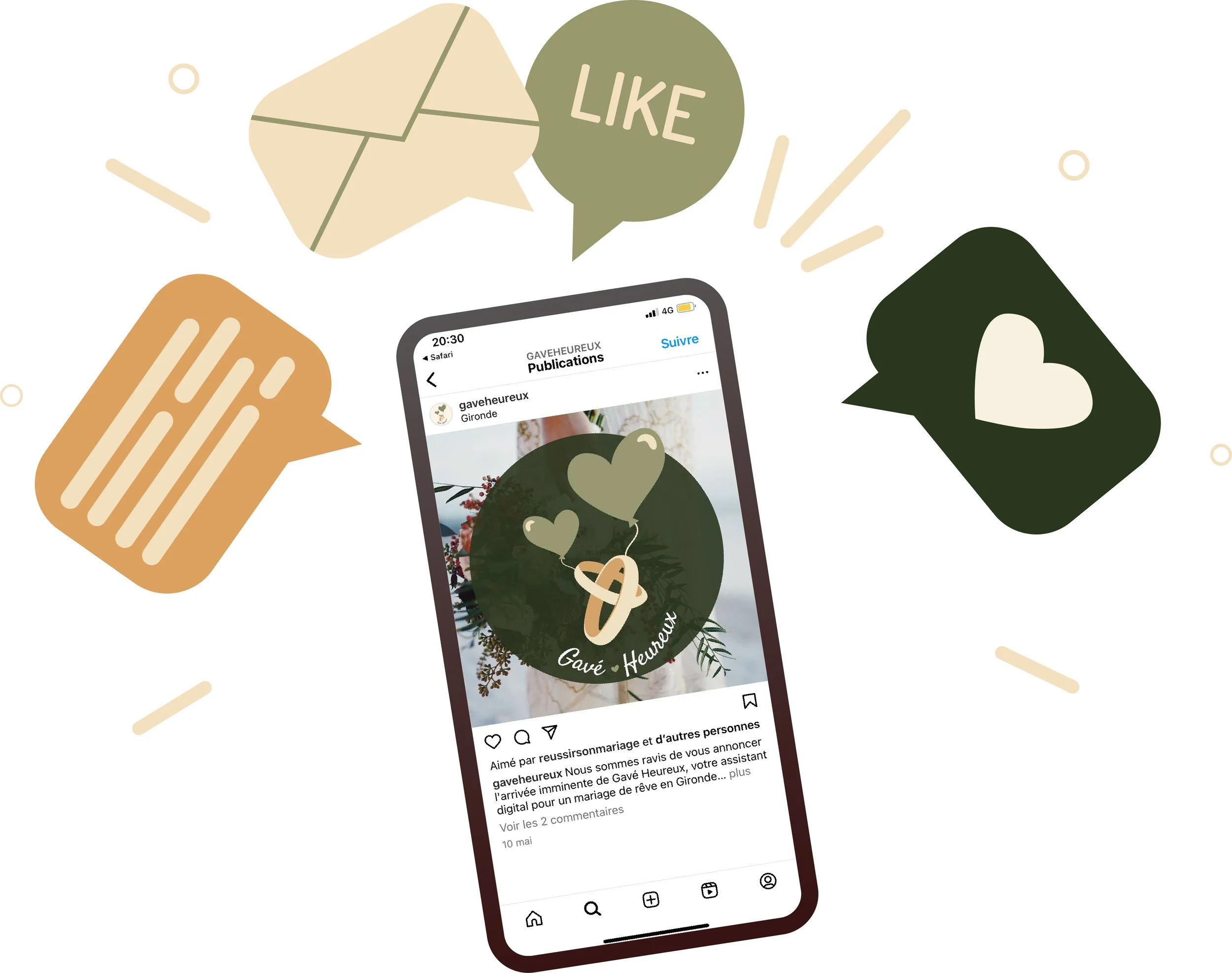 Une illustration affiche un téléphone portable affichant une publication d'Instagram avec des icônes de cœurs et des bulles de texte 'LIKE'.