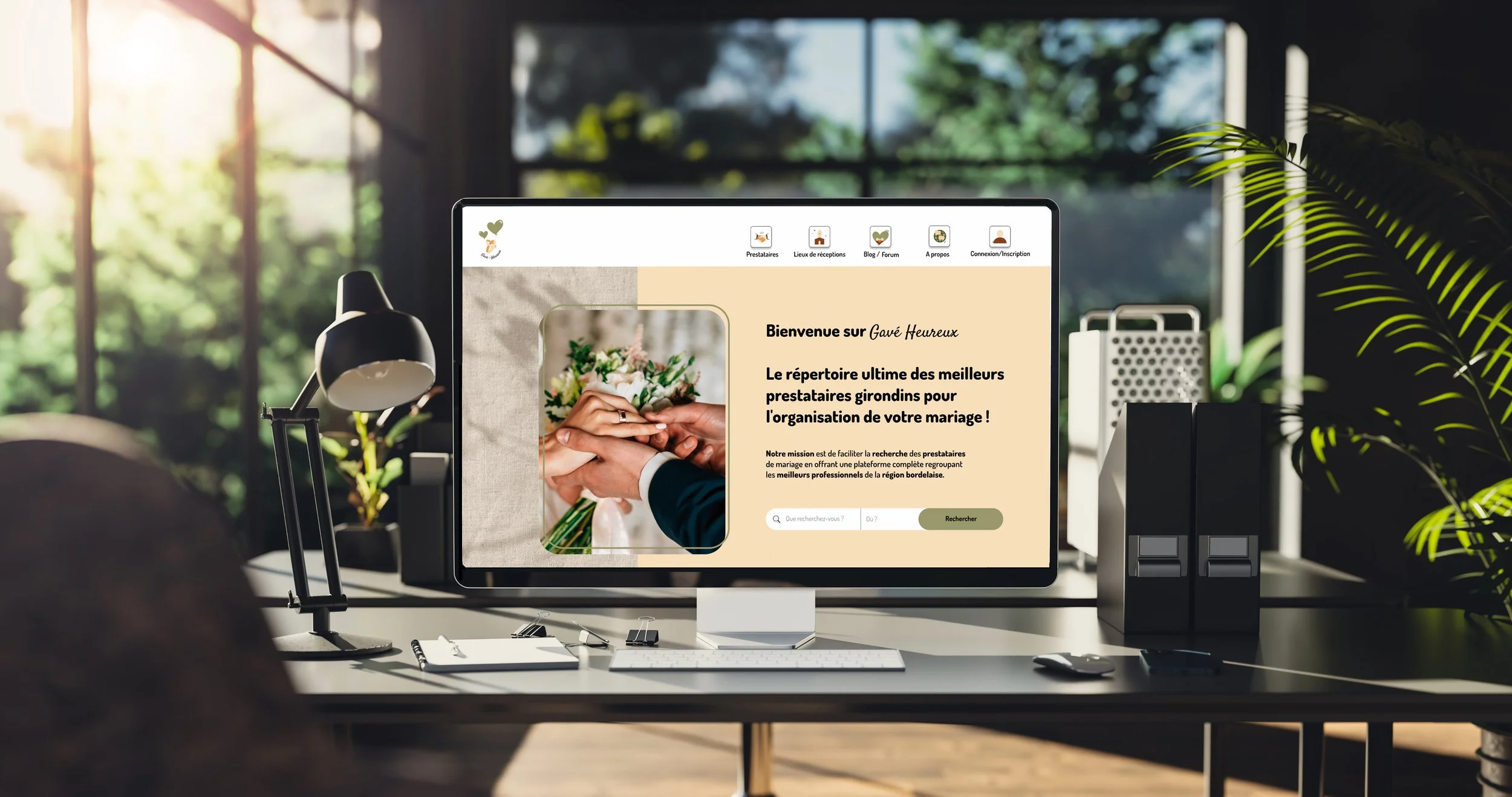 Capture d'écran d'un site web de préparation de mariage sur un ordinateur dans un bureau moderne avec des plantes et une grande fenêtre laissant entrer la lumière naturelle